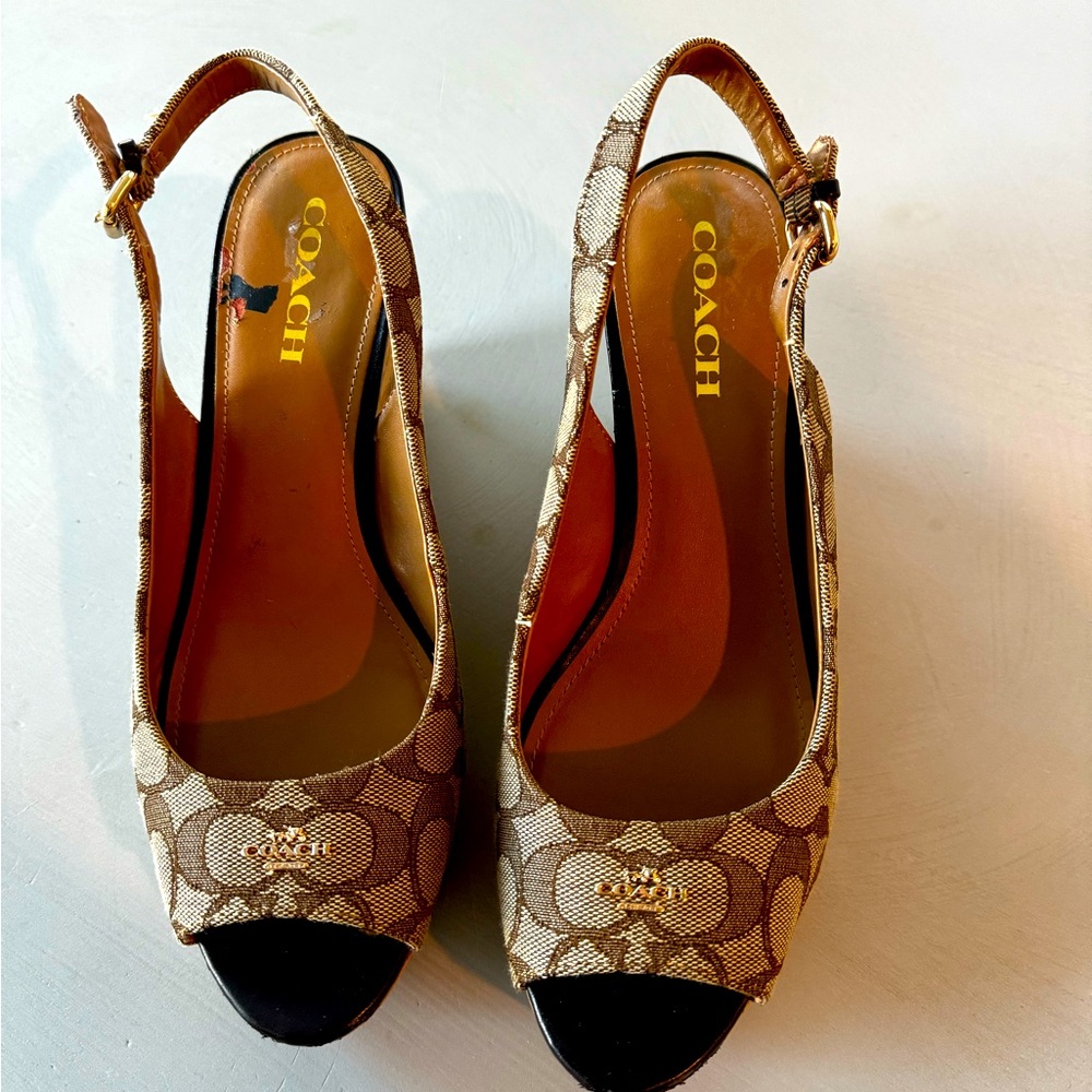 Coach Ferry Platform Wedge Logo Canvas  Cork Sandals Size 10.